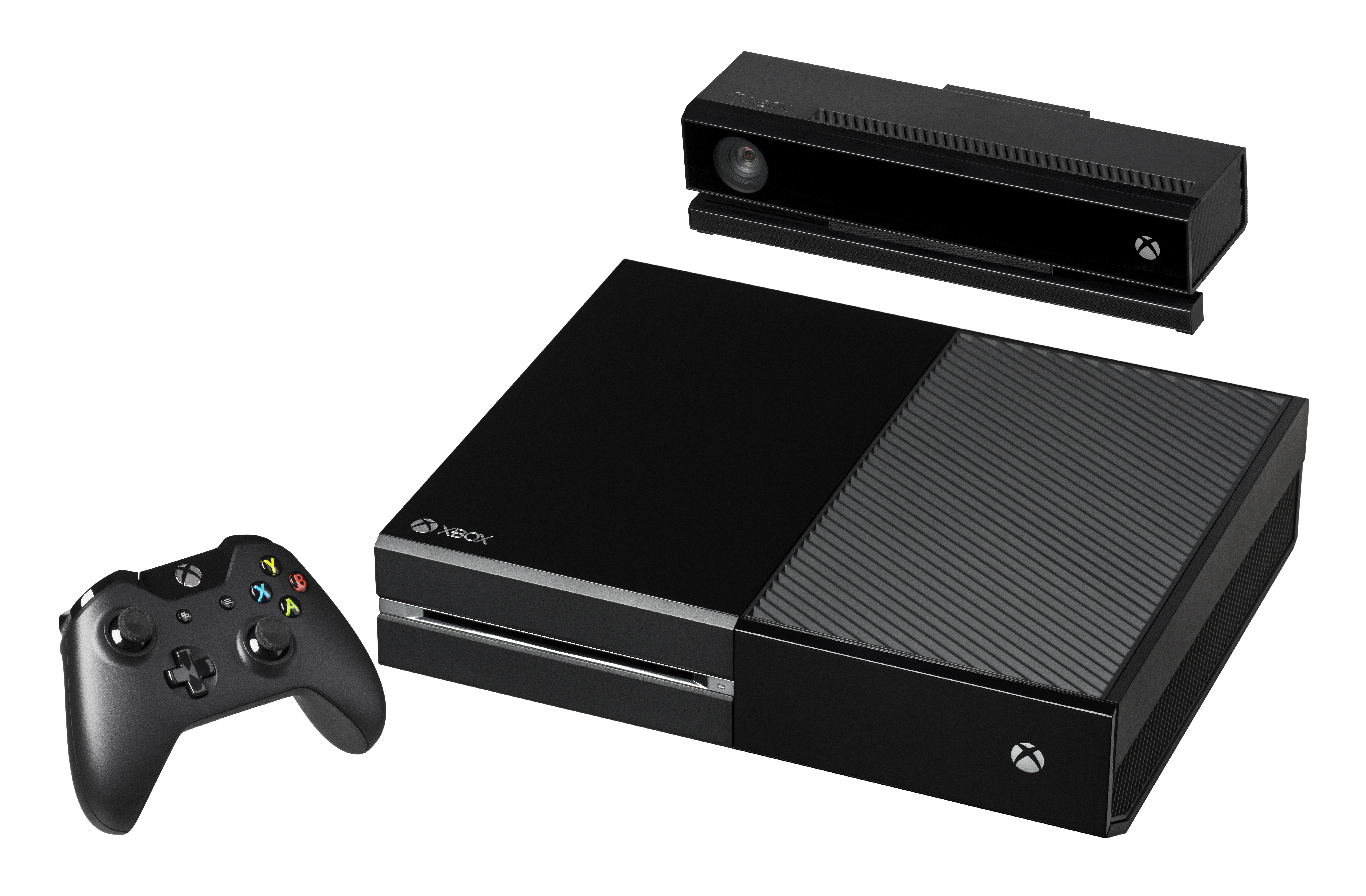Xbox One console with the kinect add-on at the top, and the controller for the system to the left